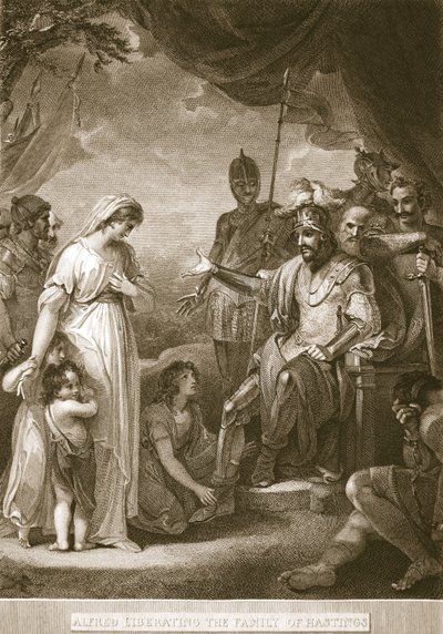 Alfred libertando a família de Hastings, ilustração de David Humes A História da Inglaterra, pub. por R. Bowyer, Londres, 1812 de English School