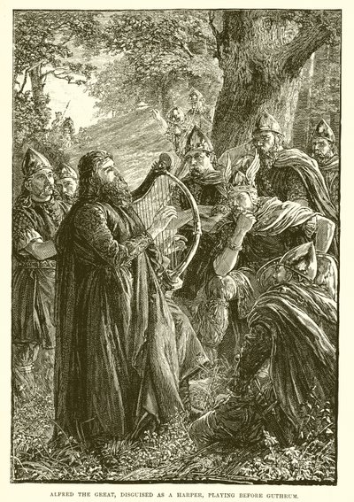 Alfred the Great, disfarçado de harpista, tocando diante de Guthrum de English School