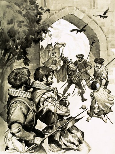 Todos os planos elaborados do Capitão Blood para roubar a coroa da Inglaterra não deram em nada (guache no papel) de English School