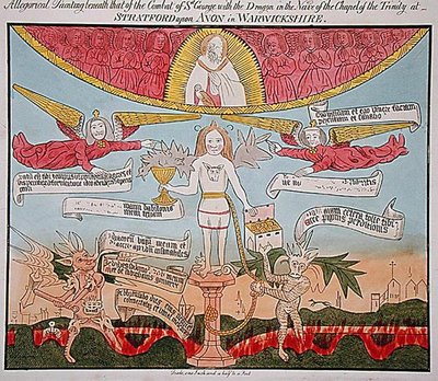 Pintura alegórica sob a de São Jorge com o Dragão na Nave da Capela da Trindade, de "Ancient Allegorical, Historical, and Legendary Paintings, in Fresco, descoberto em 1804, Capela da Trindade, Stratford-upon-Avon", de John G. de English School