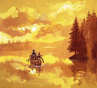Índios americanos transportando um homem branco em uma canoa de English School