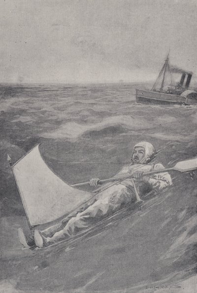O aventureiro americano Paul Boyton cruzando o Canal da Mancha em terno de borracha de English School