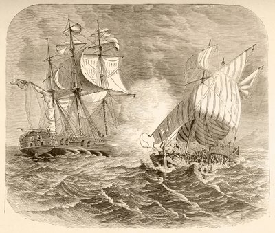 Um navio da marinha americana captura um navio pirata argelino ao largo da Costa da Barbária durante a Primeira Guerra da Barbárie (litografia) de English School