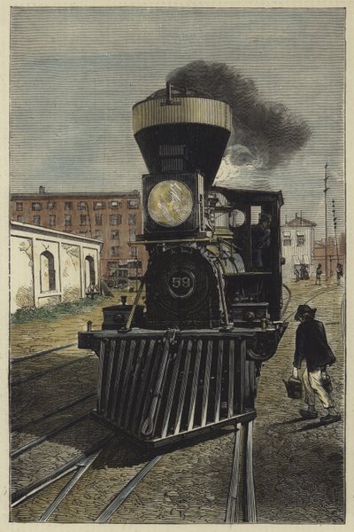 Um motor de locomotiva americano e coletor de vaca de English School