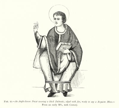 Um sacerdote anglo-saxão vestindo uma Dalmática preta, debruada com pelo, pronta para dizer uma missa de Requiem (gravura) de English School