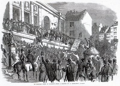 Uma cena de eleição em Kilkenny, ilustração de &39;The Illustrated London News&39;, 14 de maio de 1859 de English School