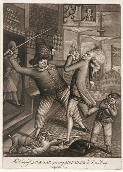 Um Jack-Tar inglês dando uma surra em Monsieur, pub. 1779 (mezzotint) de English School