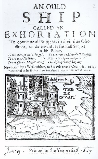 Um navio Ould chamado uma exortação, Charles I preso no Castelo de Carisbrooke, na ilha de Wight, c.1647 de English School