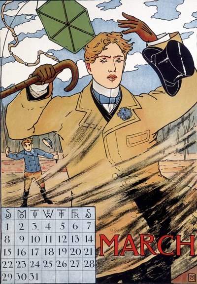 Um homem elegante a lutar contra o vento - Imagem do calendário inglês, Março, final do século XIX de English School
