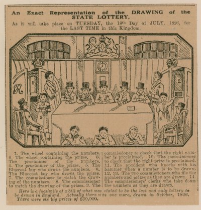 Uma representação exata do sorteio da Loteria do Estado como acontecerá em 18 de julho de 1826 pela última vez no Reino. de English School