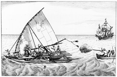 Um incidente durante a circunavegação de Le Maires (c.1585-1616) e Schoutens (c.1567-1625) do mundo em 1615-16, a partir do Volume II da História Cronológica das Viagens e Descobertas no Mar do Sul de English School