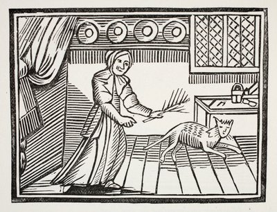 Uma mulher adulta que chicoteia seu gato para ratos de travamento em um domingo, ilustração dos Chapu-livros do século XVIII por John Ashton, bar. 1882 de English School