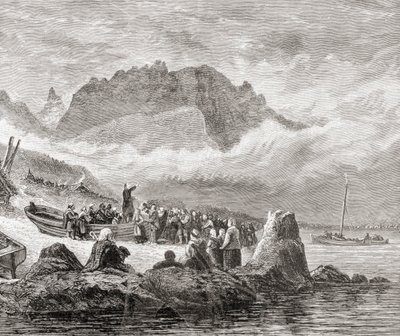 Um serviço ao ar livre na Ilha de Skye, Hébridas Interiores, de "Fotos escocesas desenhadas com caneta e lápis", de Samuel G. Green, publicado em 1886 de English School