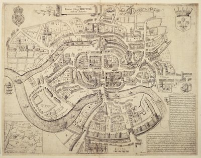 Ancient City Map of Bristol and its Suburbs, impresso, colorido e vendido por Robert Walton de English School