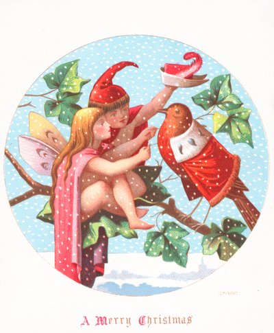 Anjo e duende que vestem o pisco de peito vermelho, cartão de Natal de English School