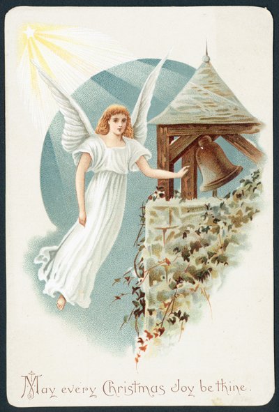 Anjo que paira ao lado do sino de igreja, cartão de de English School