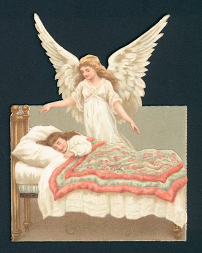 Anjo com vista menina dormindo na cama, sucata vitoriana de English School