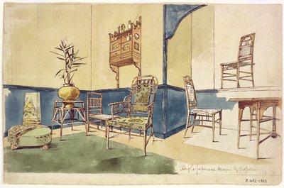Desenhos de mobília de estilo japonês Anglo por Edward William Godwin (1833-86) c.1860 (wc no papel) de English School