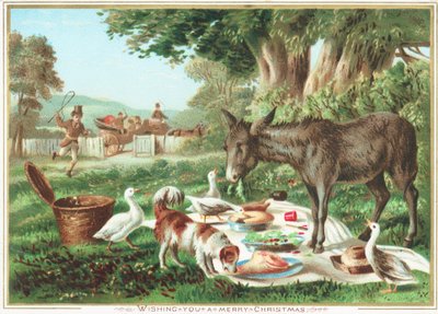 Animais comendo o piquenique, cartão de Natal de English School