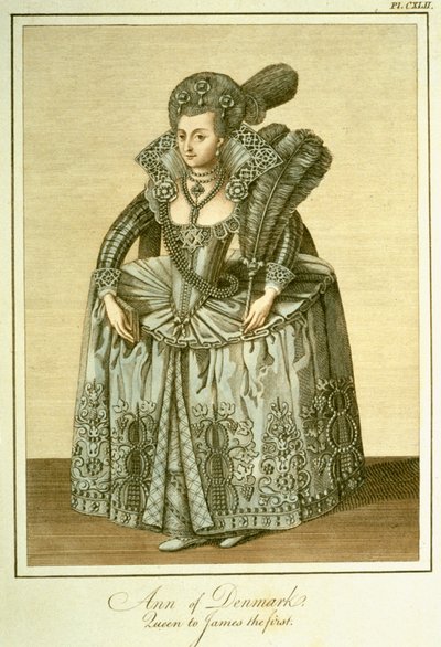 Ana da Dinamarca (1574-1619) esposa de Jaime I, ilustração de A Visão Completa do Traje e Hábitos do Povo da Inglaterra, Volume II, publicada em 1799 de English School