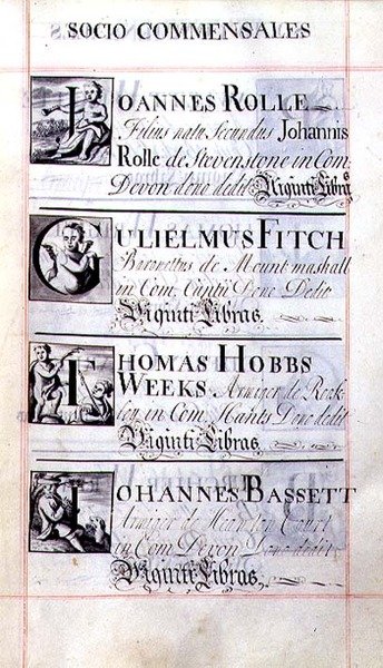 Arquivo 3693 f.65 Página com quatro benfeitores do New College, Oxford; Joannes Rolle, Gulielmus Fitch, Thomas Hobbs Weeks e Johannes Bassett, de um Livro de Benefícios de English School