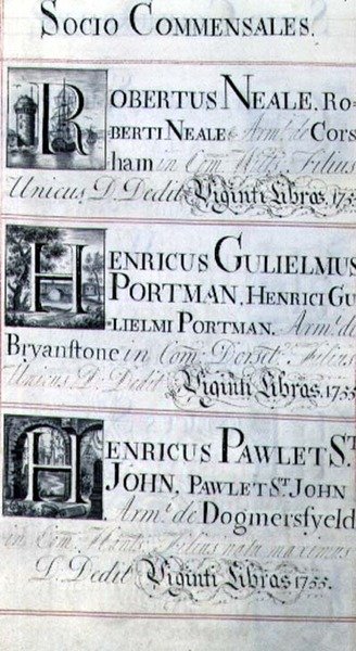 Arquivo 3693 f.95 Página com três benfeitores do New College, Oxford; Robertus Neale, Henricus Gulislmus Portman e Henricus Pawlet St. de English School