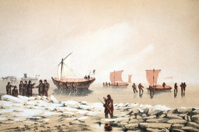 Viagem do Ártico, ilustração da viagem para a Baía de Baffins e o Estreito de Barrow ..., 1852 (gravura colorida à mão) de English School