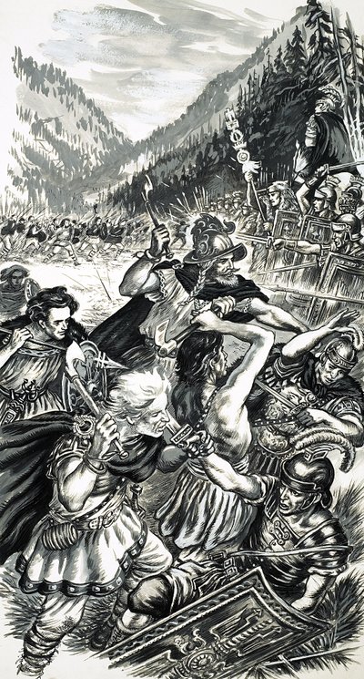 Arminius, o príncipe alemão, lutando contra os romanos de English School