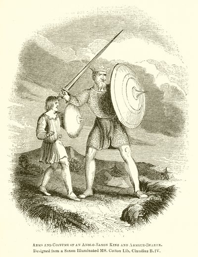 Armas e traje de um rei e portador de armadura anglo-saxão de English School
