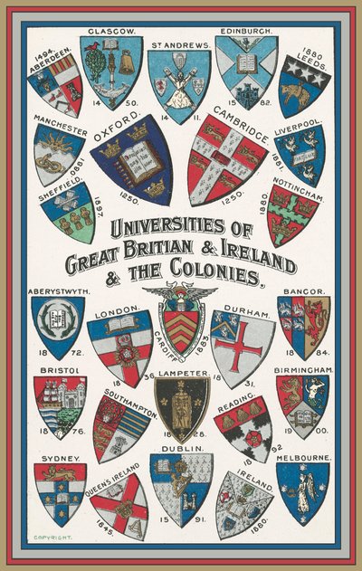 Braços de universidades da Grã-Bretanha e Irlanda e das Colónias (cor litho) de English School