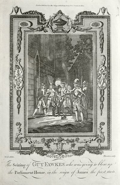 Prisão de Guy Fawkes por tentativa de explodir as Câmaras do Parlamento no Lote da Pólvora, 5 de Novembro de 1605 (gravura) de English School