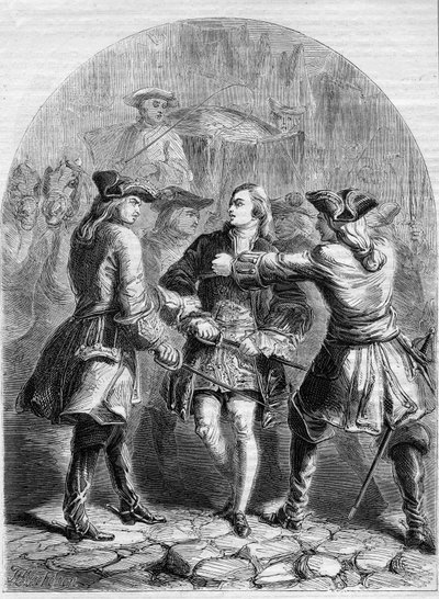 Detenção do jovem pretendente em Paris, ilustração de "História ilustrada de John Cassell na Inglaterra", c.1858 (gravura) de English School