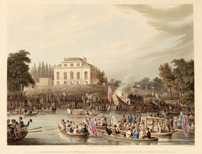Chegada a Brandenburg House of the Watermen, etc. com um discurso à Rainha no dia 3 de Outubro de 1820, pub. 1821 (gravura a cores) de English School