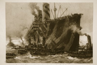 Chegada a França do Leviathan de transporte dos EUA, o único transatlântico alemão, Vaterland, com 12.000 tropas americanas a bordo, 1914-19 de English School