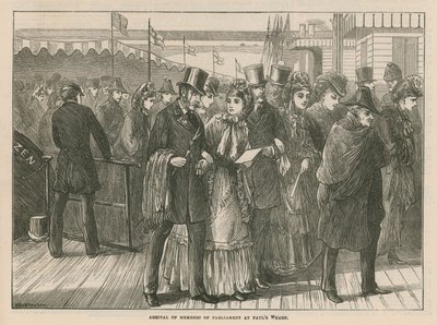 Chegada de deputados do Parlamento em St Pauls Wharf de English School