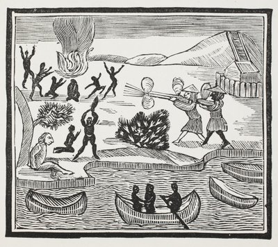 Chegada dos selvagens com prisioneiro cristão, ilustração dos Chap-livros do século XVIII por John Ashton, bar. 1882 de English School