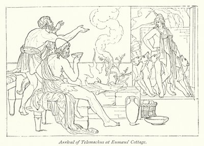 Chegada de Telemachus à casa de campo de Eumaeus (litho) de English School