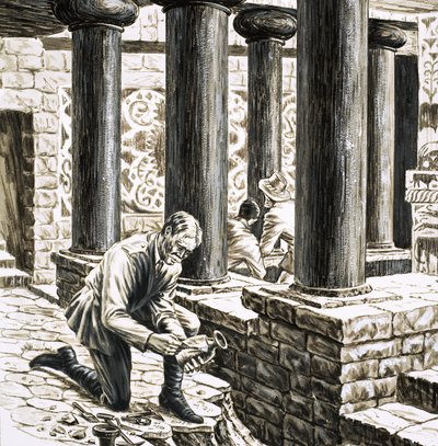 Arthur Evans explorando os restos do antigo palácio minoano em Knossos de English School