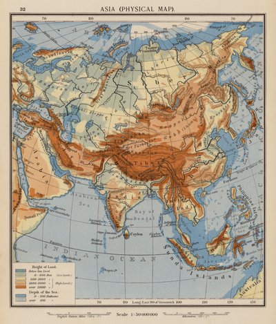 Ásia, Mapa Físico (litografia a cores) de English School