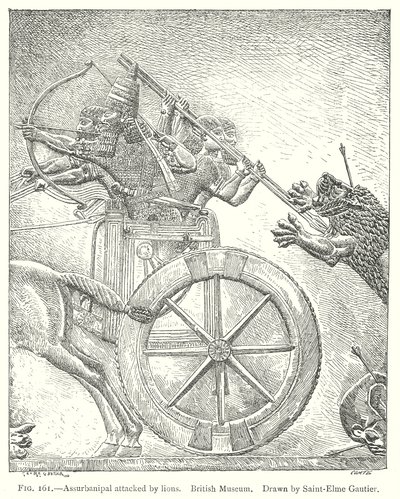 Assurbanipal atacado por leões. Museu Britânico (gravura) de English School