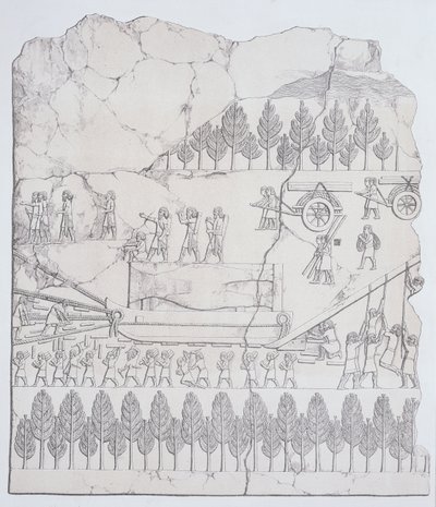 Assírios movendo um touro alado em um trenó, de Nínive e seus restos mortais por Austen Henry Layard (1817-1894) publicado em 1849 de English School