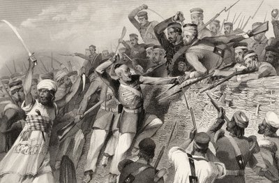 Ataque dos amotinados na Bateria Redan em Luknow, 30 de julho de 1857, de "A História do Motim Indiano", publicado em 1858 de English School