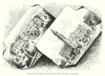 Austrália: Government House and General Post Office, Adelaide (gravura) de English School