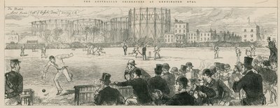 Jogadores de críquete australianos no Kennington Oval: Lord Harris (capitão do time inglês) salvando um 4 de English School