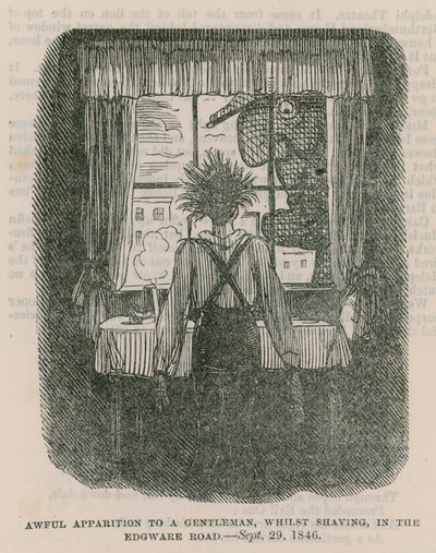 Aparição horrível a um cavalheiro, enquanto faz a barba, na Edgware Road, Londres - 30 de setembro de 1846 de English School