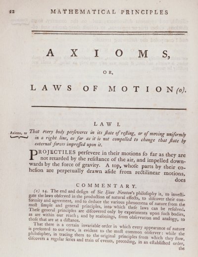 Axiomas, ou Leis do Movimento, do Volume I dos Princípios Matemáticos da Filosofia Natural de Sir Isaac Newton (1642-1727) 1777 de English School