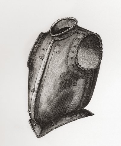 Costas e couraça, abertura na frente, conhecida como Waistcoat Breastplate, c.1580, do Exército Britânico: As suas Origens, Progresso e Equipamento, publicado em 1868. de English School