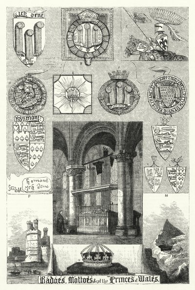 Insígnias, lemas, etc., dos Príncipes de Gales (gravura) de English School