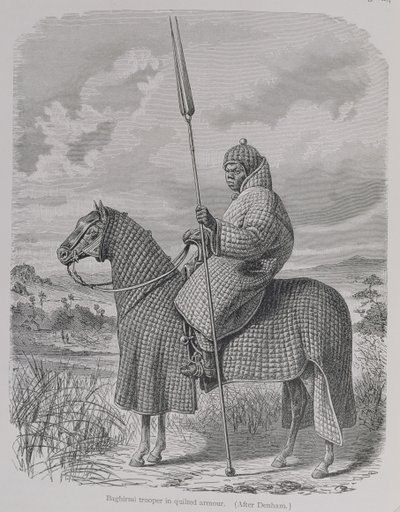 Soldado Baghirmi em armadura acolchoada, de "A História da Humanidade", Vol.III, pelo Prof. Friedrich Ratzel, 1898 (gravura) de English School