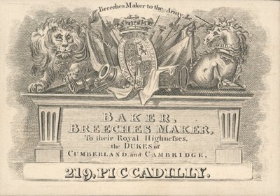 Padeiro, fabricante de culatras, 219 Piccadilly, cartão comercial de English School
